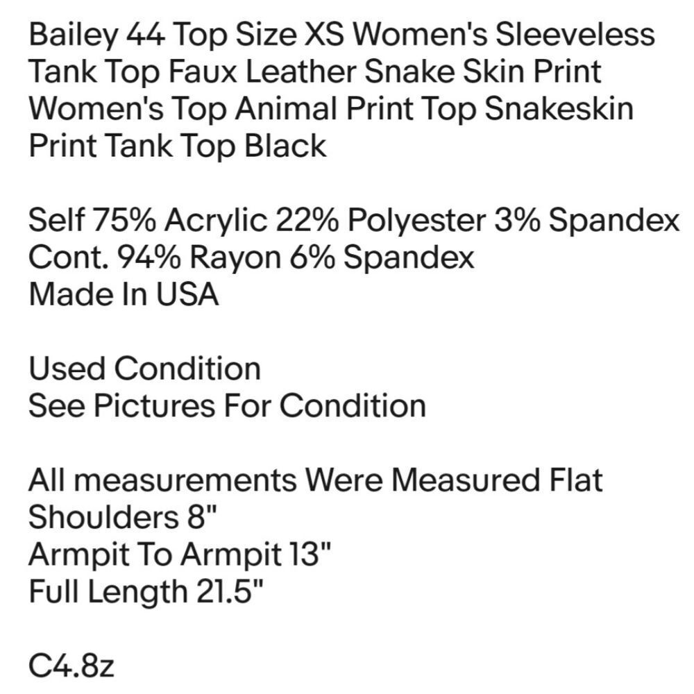 Bailey 44 Top Size XS Women's Sleeveless Tank Top Faux Leather Snake Skin Print - Picture 2 of 5